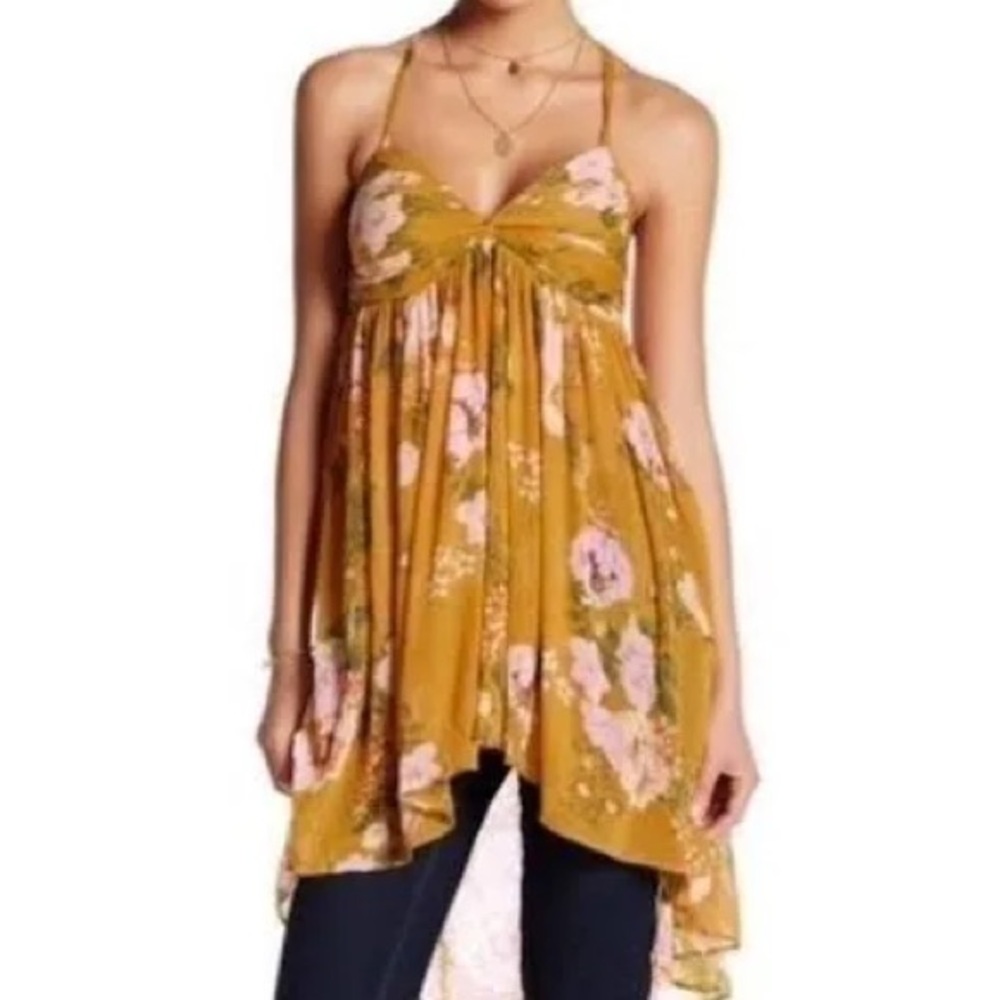 Free People Mustard Dress with Floral Accents